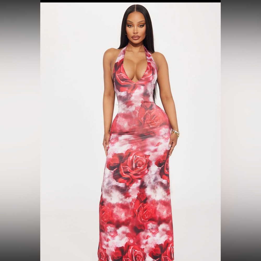 Fashion Nova Red Pink Halter Bodycon Maxi Dress